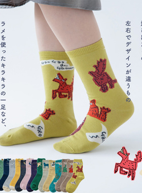 日本bisque卡通中筒袜精梳棉春秋四季短袜插画女士可爱袜子创意