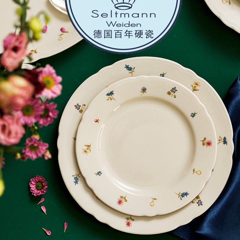 德国seltmann硬质瓷餐菜盘西餐具彩色小花复古家用碟子鱼盘菜碗
