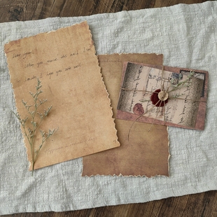 复古手工棕色做旧信纸信封干花套装手撕边情书特种纸节日祝福贺卡