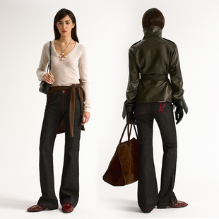 休闲长裤 修身 At002复古原牛墨黑撞红线低腰微喇牛仔裤 ANTIATAG