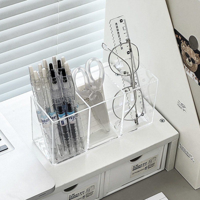 笔筒收纳盒亚克力透明办公室小型简约书桌文具桌面分格收纳筒学生