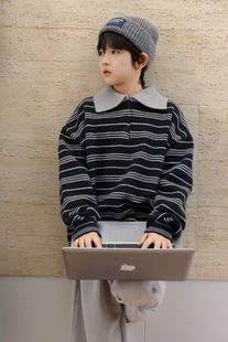 2025冬实体店儿童装男生女孩保暖条纹针织衫青少年polo衫翻领毛衣