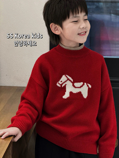 【现货】2025冬实体店货童装冬中大童亲子马年新年红色毛衣含羊毛