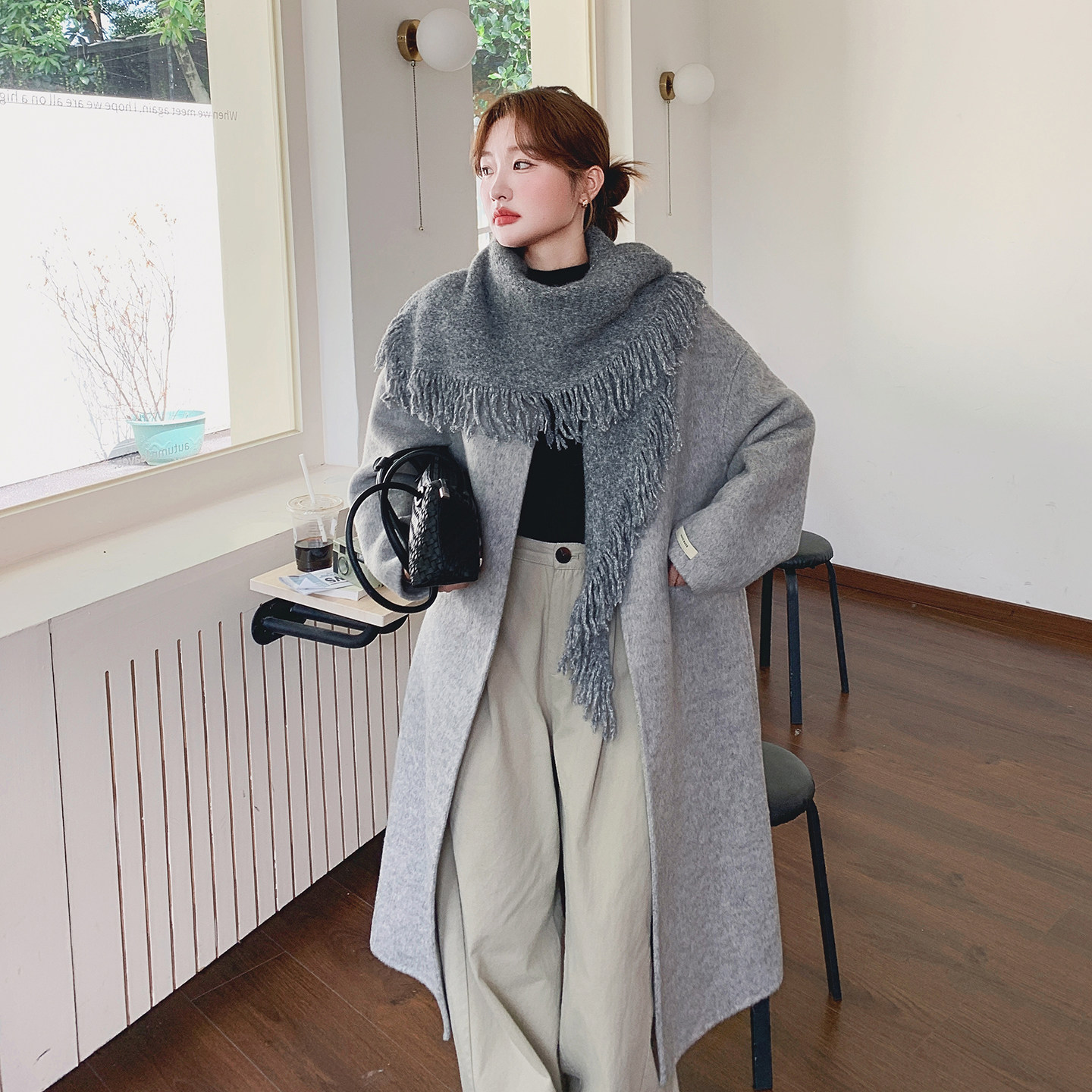 2C077-2560新款主推款70毛双面呢大衣配围脖P365K548,女装毛呢外套,2C077