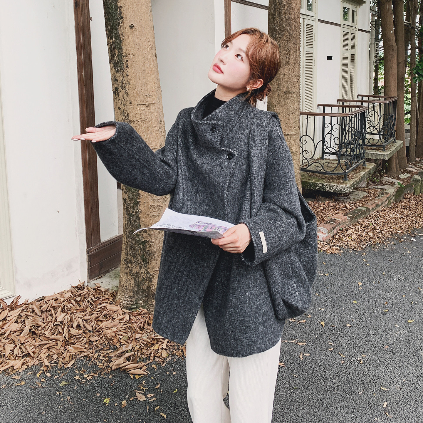 2025新款冬季灰色双面羊毛立领大衣浪漫高级感小个子淡人毛呢外套，女装毛呢外套，2C077