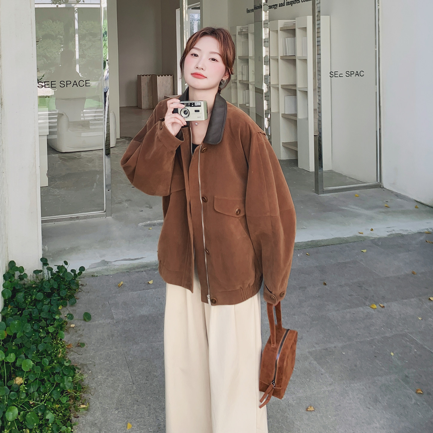 咖色复古廓形外套女2025秋季新款韩版宽松网红炸街小个子休闲夹克,女装风衣,2C077