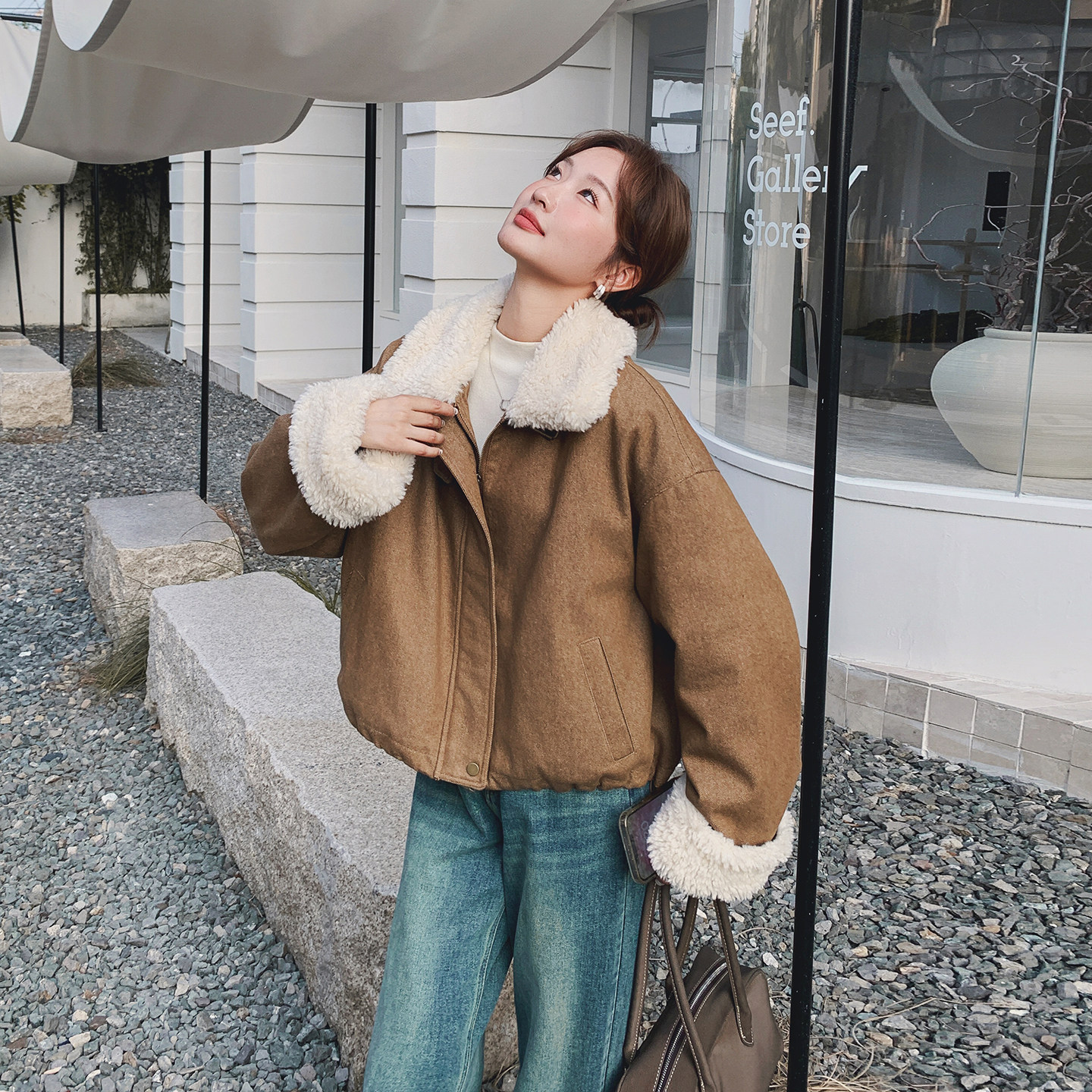 美拉德棕羽绒服内胆麂皮绒外套女冬2025新款爆款小个子羊羔毛夹克,女装羽绒服,2C077
