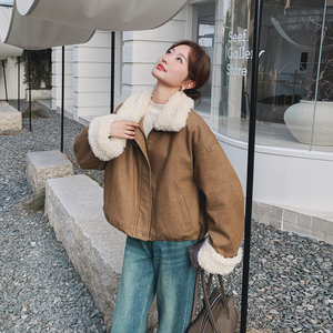 美拉德棕羽绒服内胆麂皮绒外套女冬2025新款爆款小个子羊羔毛夹克图片