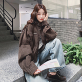 美拉德复古棕色机车短外套女2025秋季新款韩版小个子休闲工装夹克，女装短外套，2C077