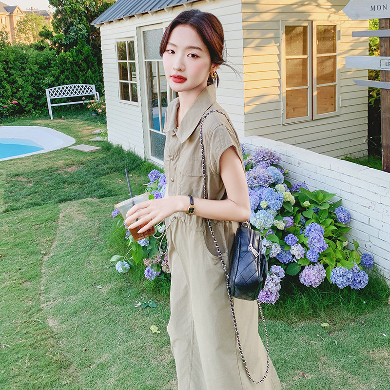 休闲工装收腰显瘦咖色连衣裙女夏2025新款长裙减龄独特漂亮高级感,女装连衣裙,2C077