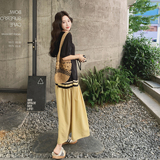 撞色拼接黑色V领连衣裙女夏季2025新款休闲气质今年流行漂亮裙子，女装连衣裙，2C077