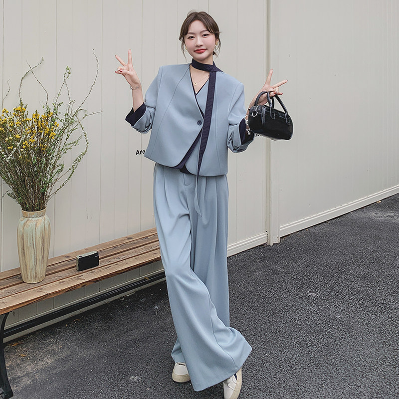蓝色飘带西装套装女2025年秋季新款减龄气质高级感阔腿裤两件套潮,女装套装/套裙,2C077