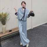 蓝色飘带西装套装女2025年秋季新款减龄气质高级感阔腿裤两件套潮，女装套装/套裙，2C077
