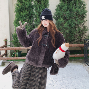甜酷风咖色毛茸茸短外套女冬季2025韩系小个子高级感皮毛一体外套,皮草,2C077