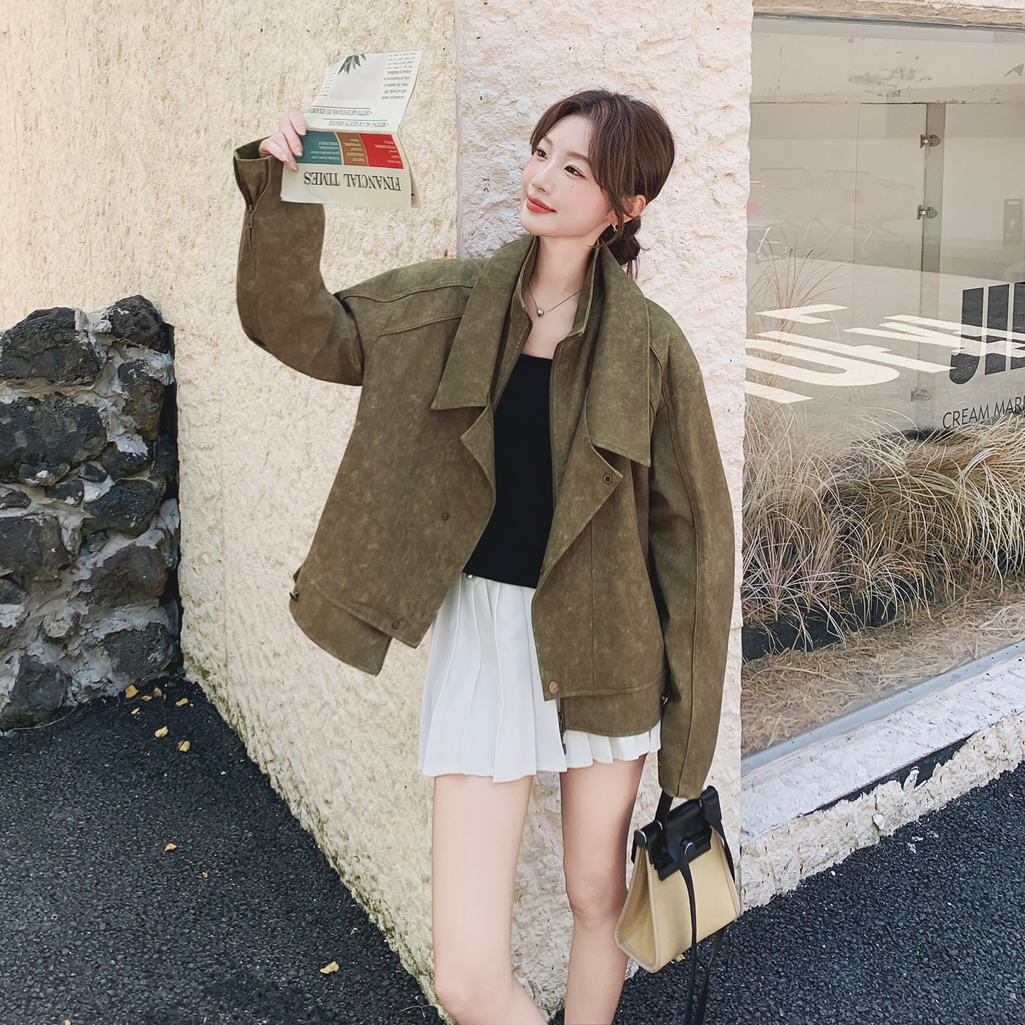 深绿色复古麂皮绒短外套女2025年秋季新款小个子又酷又飒夹克上衣,女装短外套,2C077