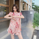 新中式国风粉色碎花衬衫短裤套装女夏季巨好看小个子高级感两件套，女装套装/套裙，2C077