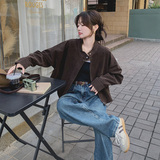 美拉德麂皮绒短外套女秋季2024新款韩系气质休闲复古立领潮酷夹克，女装短外套，2C077