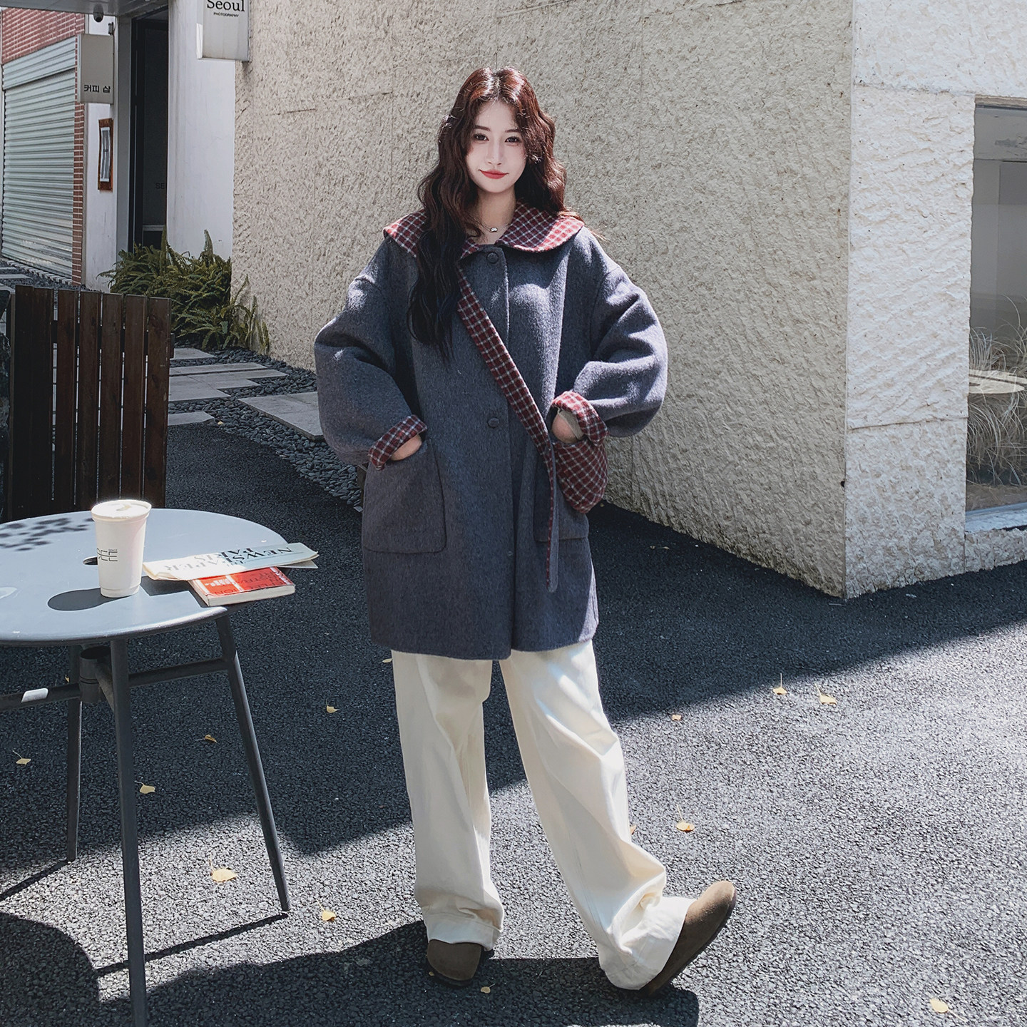 减龄格纹翻领灰色双面呢羊毛外套女秋冬2025新款小个子巨好看大衣,女装毛呢外套,2C077