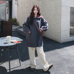 减龄格纹翻领灰色双面呢羊毛外套女秋冬2025新款小个子巨好看大衣图片