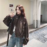 美拉德复古棕色机车短外套女2025秋季新款韩版小个子休闲工装夹克，女装短外套，2C077