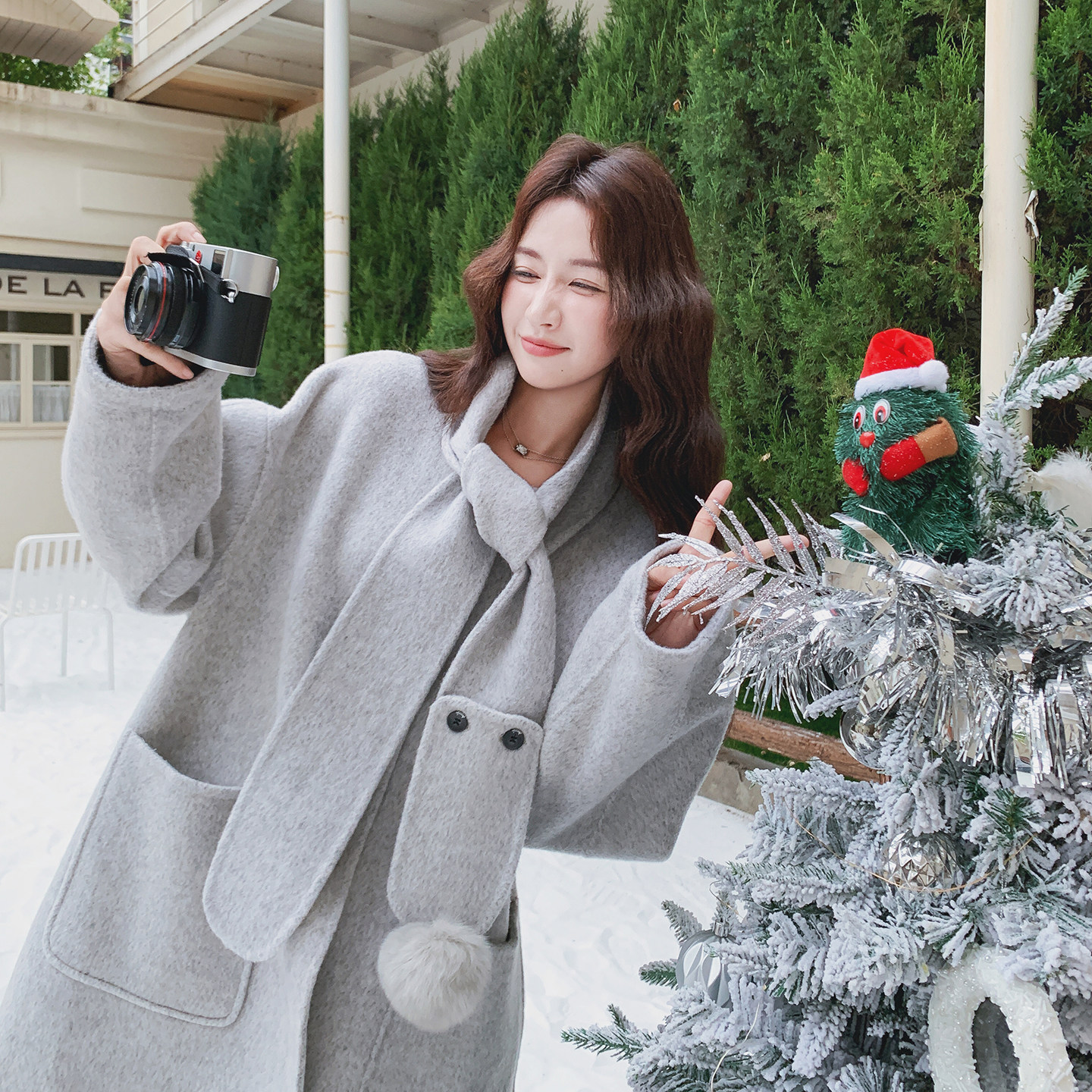 2C077-3053新款主推款70毛双面呢大衣配围脖P285K428，女装毛呢外套，2C077