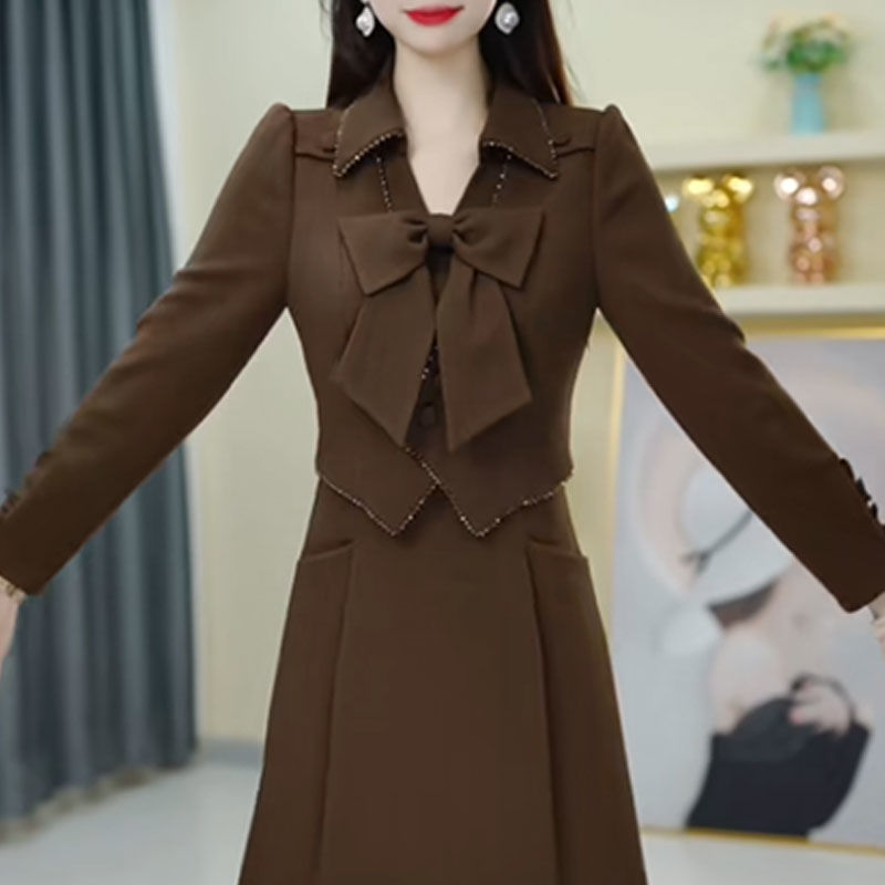 蝴蝶结假两件长袖礼服裙潮