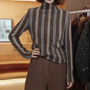 洋气显瘦休闲高领长袖 205秋冬新款 百搭减龄条纹打底衫 时尚 T恤 韩版