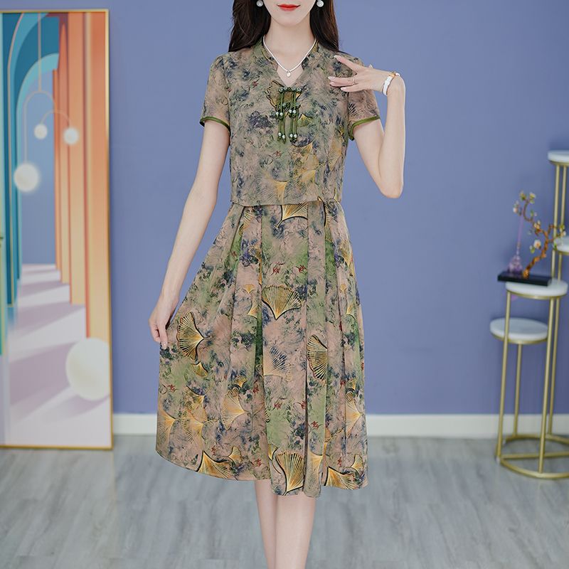 拼接中长款国风a字连衣裙套裙