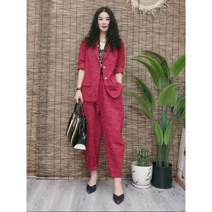 单件/套装 欧洲站2026春秋新款文艺复古百搭西服哈伦裤两件套女潮