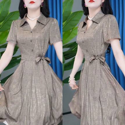 时尚气质短袖连衣裙女2025年夏季新款系带收腰显瘦中长款休闲裙子