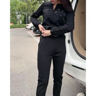 2026春季时尚半连体两件套新款时尚洋气拼接v领上衣小脚裤套装女