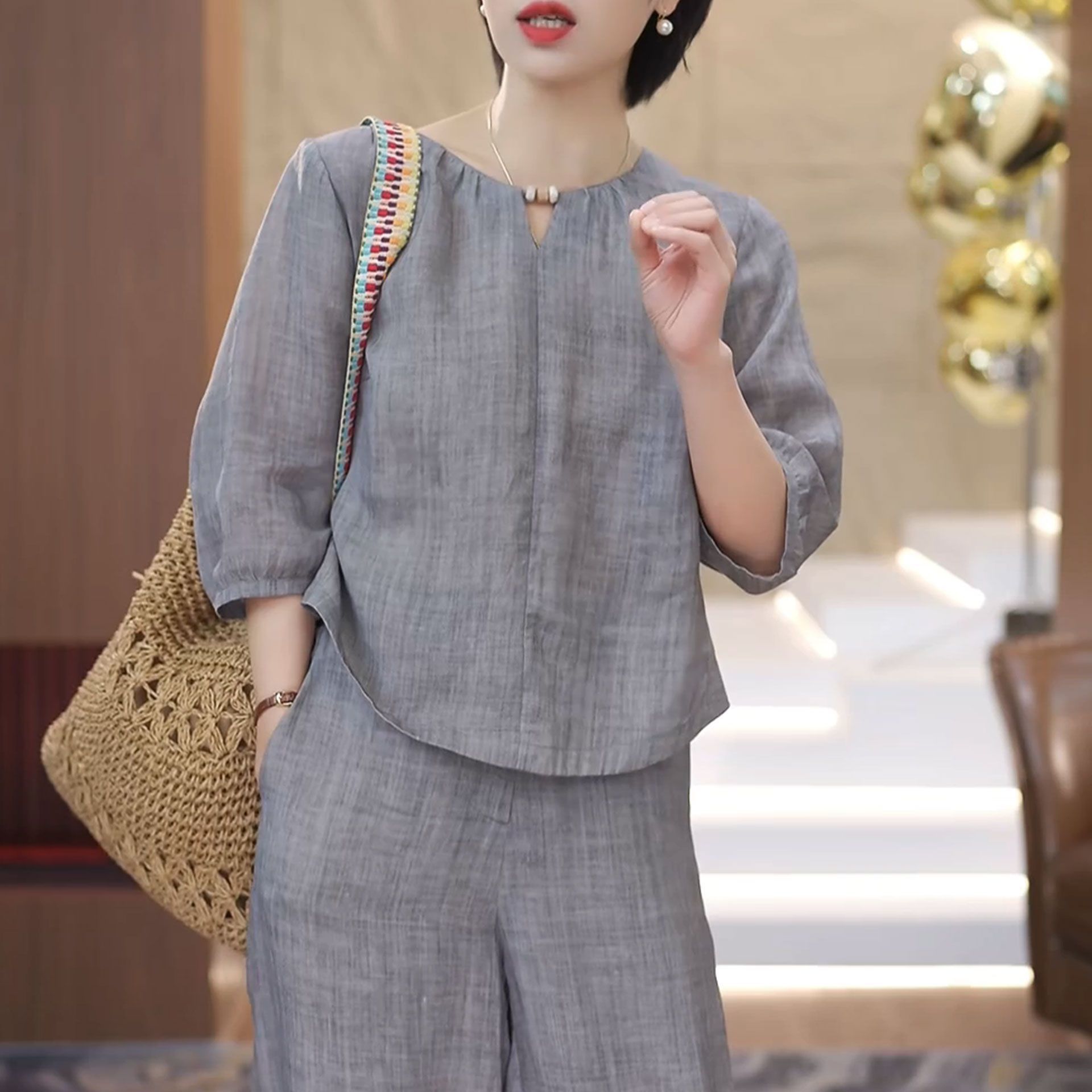 2025夏季新款时尚小众纯色简约五分袖上衣休闲百搭阔腿裤两件套装