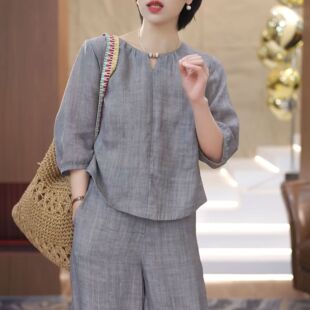2026夏季新款时尚小众纯色简约五分袖上衣休闲百搭阔腿裤两件套装