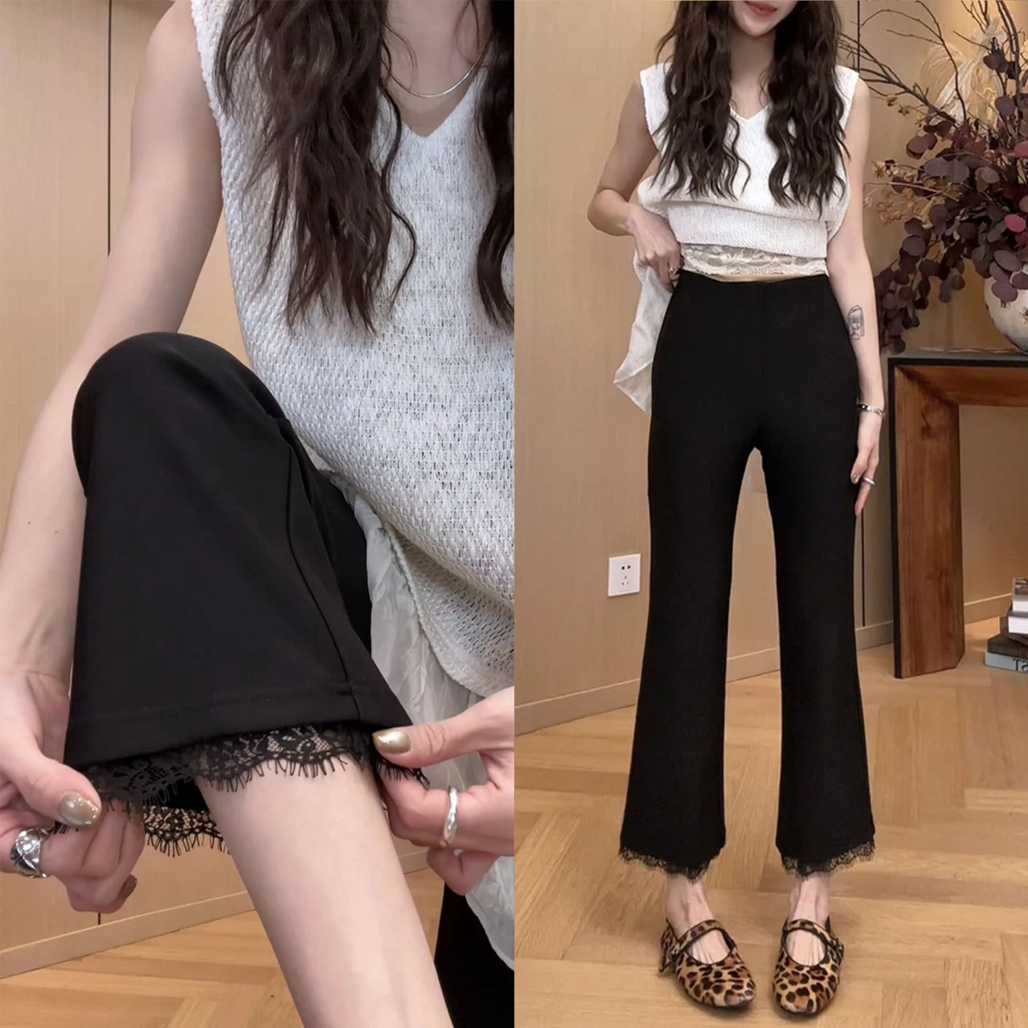 洋气蕾丝拼接纯色微喇裤子潮2026早春新款时尚百搭显瘦休闲九分裤