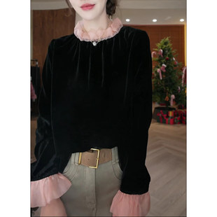 2026早春新款时尚百搭显瘦T恤上衣洋气休闲拼接设计喇叭袖小衫潮