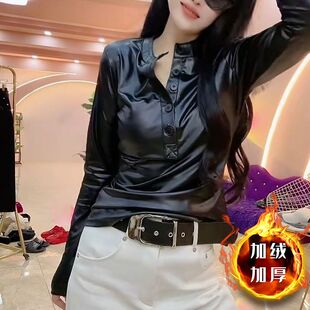 显瘦皮衣洋气打底小衫 T恤女修身 上衣 pu皮长袖 欧洲站2025秋冬新款