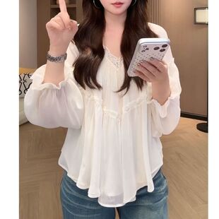 小众超仙蕾丝拼接V领雪纺衫2026秋季新款时尚洋气遮肉显瘦上衣潮