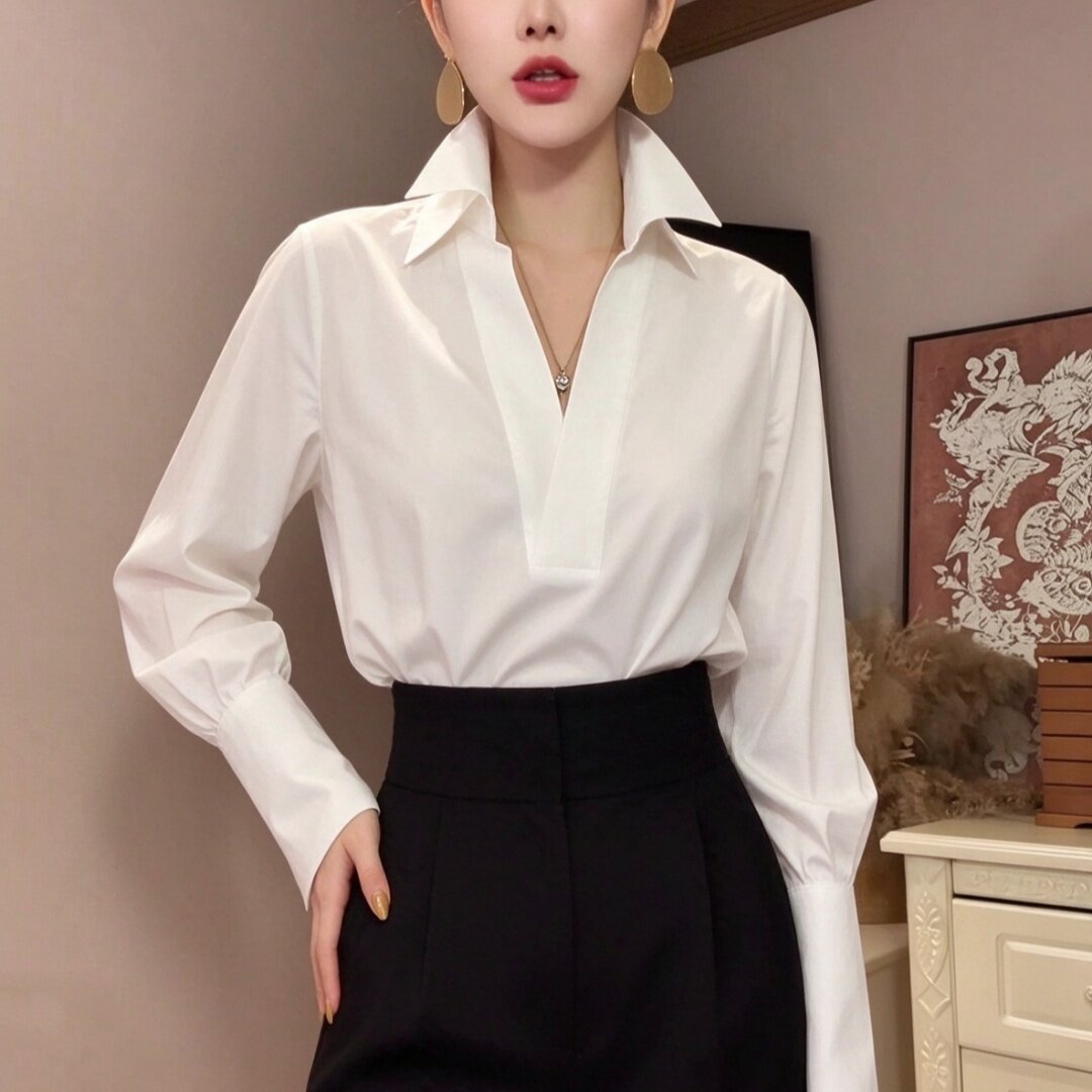 早秋穿搭白色宽松显瘦长袖衬衫女韩版翻领中长款休闲百搭时尚女潮