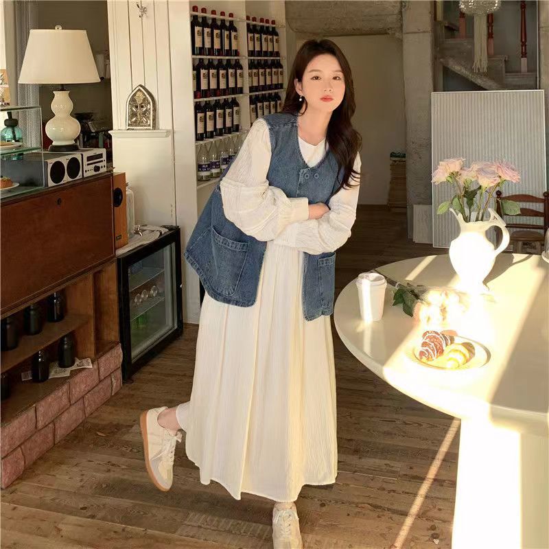 微胖大码甜美港风马甲裙两件套图片