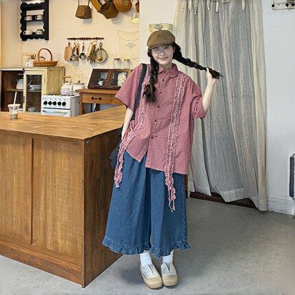 大码女装2026夏季日系复古格子衬衫牛仔套装微胖mm宽松显瘦两件套