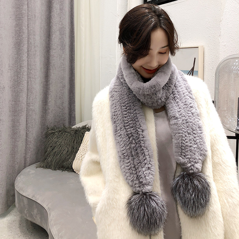 CENCY  新款 日系獭兔毛 长款围巾 狐狸毛球球保暖百搭 皮草围脖