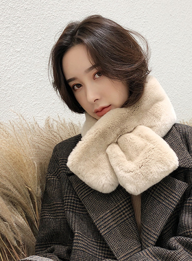 CENCY  天鹅绒级整皮獭兔毛围巾女秋冬季百搭真毛保暖皮草围脖