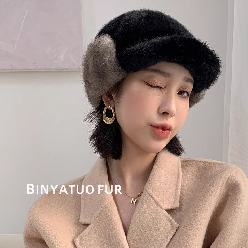 水貂护耳鸭舌帽 男女同款真毛貂皮帽子冬季皮草骑士帽休闲显脸小
