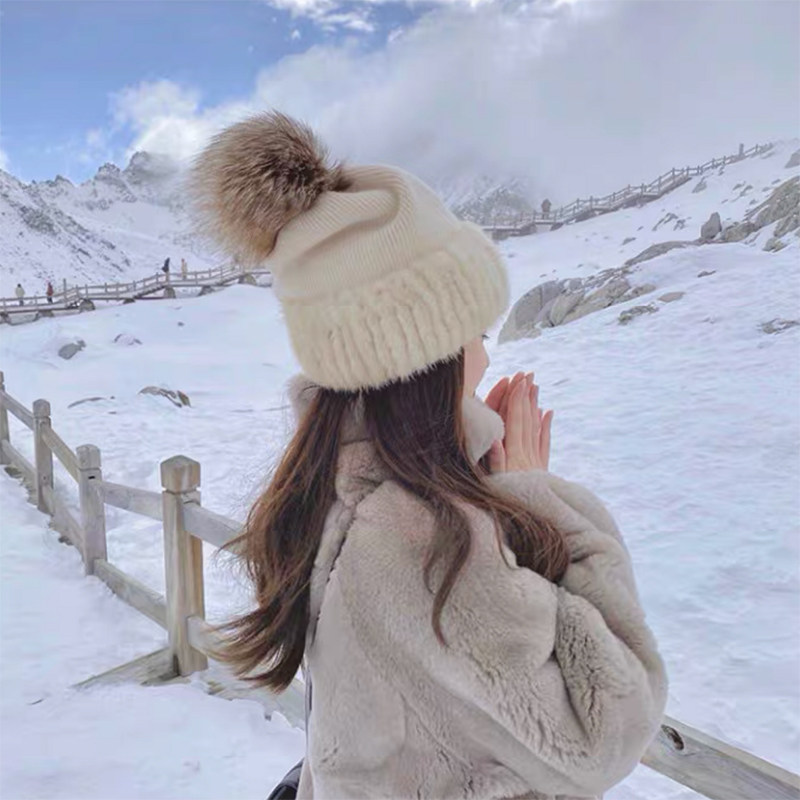 温柔~兔毛混纺狐狸毛球女帽子