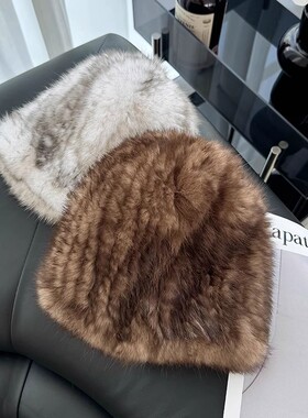 双面兔毛编织弹力瓜皮帽 冬季保暖毛毛女帽紫貂色气质皮草小圆帽