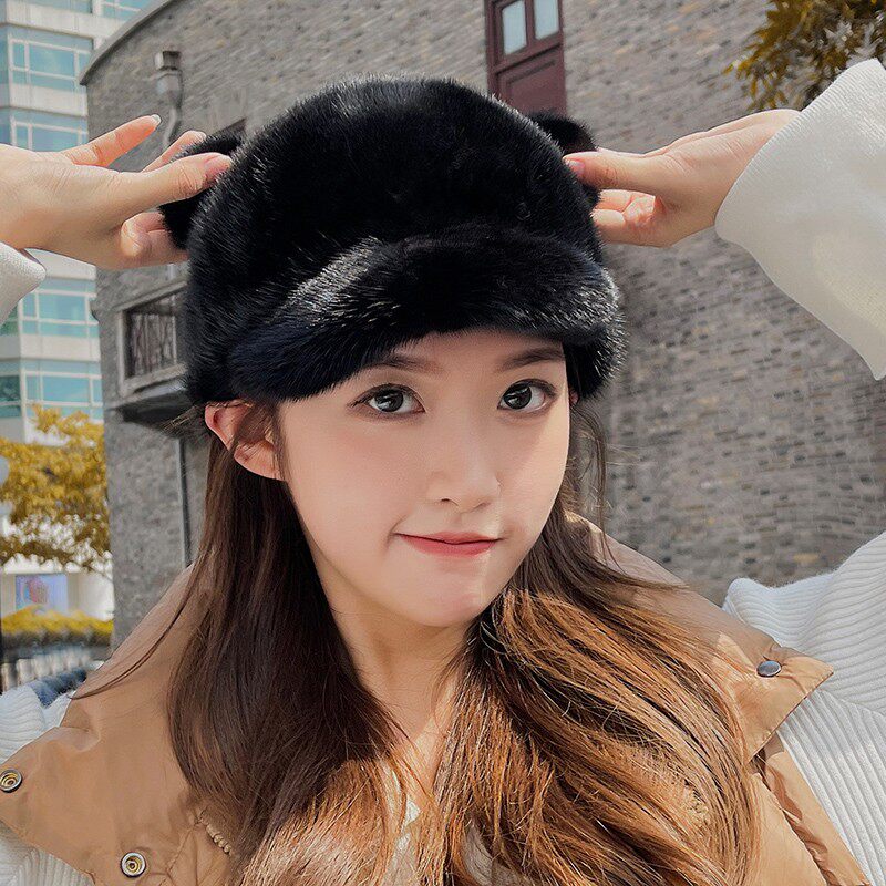 猫耳朵尾巴款鸭舌女士黑色貂皮女帽冬季皮草帽休闲可爱水貂帽子