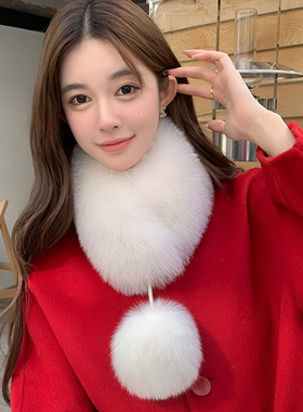 可爱小雪球狐狸毛皮草围巾反面獭兔毛双面毛真毛围巾脖套甜美气质