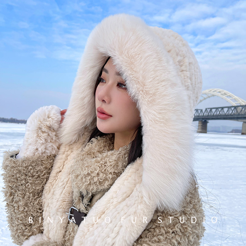 獭兔毛皮草时尚大牌帽子双面围巾一体冬季风雪帽狐狸毛围巾连帽
