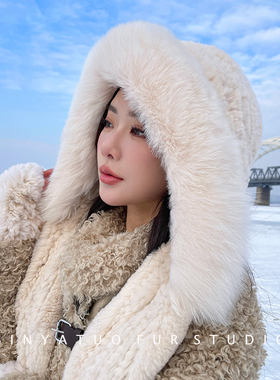 男女通用獭兔毛配狐狸毛风雪帽