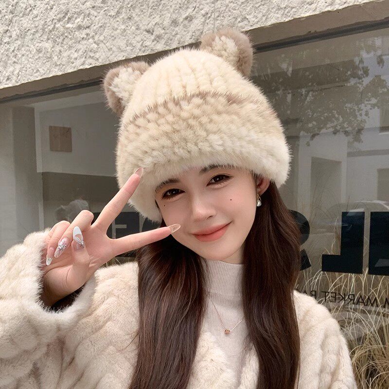 秋冬保暖亲子款貂皮女帽加厚护耳皮草帽甜美可爱水貂编织小熊帽子